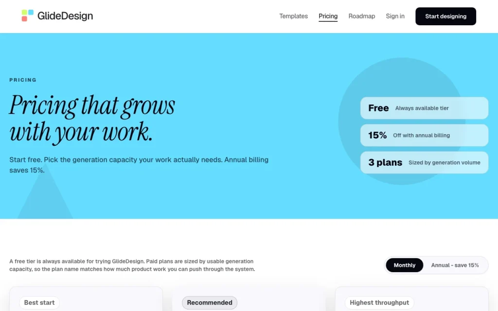 GlideDesign pricing page with plans and prices — screenshot of the productivity & writing AI tool, Oct 1, 2026