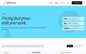 GlideDesign pricing page homepage screenshot, productivity & writing AI tool