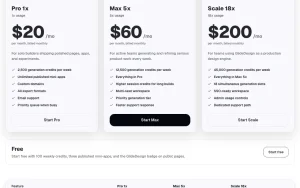 GlideDesign pricing page homepage screenshot, productivity & writing AI tool