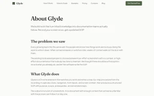 Glyde about page — screenshot of the productivity & writing AI tool, 2026-10-02