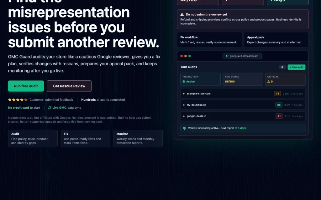 GMC Guard homepage — screenshot of the productivity & writing AI tool, Oct 2, 2026