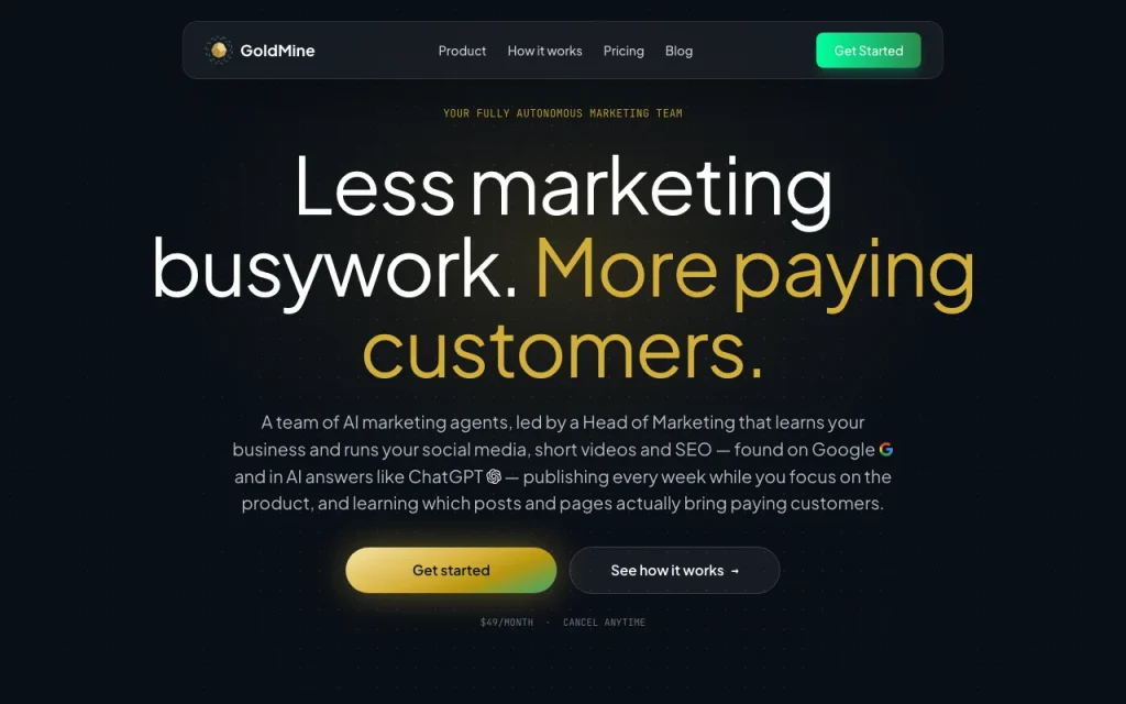GoldMine AI homepage — screenshot of the productivity & writing AI tool, Oct 2, 2026