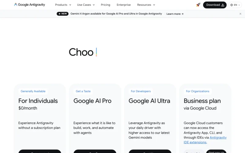 Google Antigravity Startseite, Screenshot, KI-Tool coding