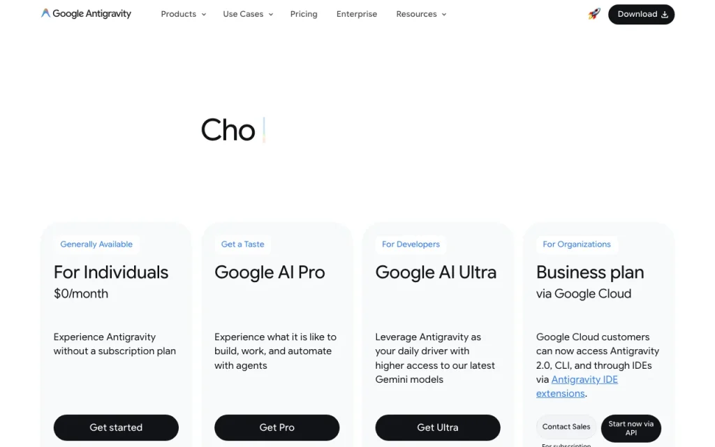 Google Antigravity homepage screenshot, coding AI tool