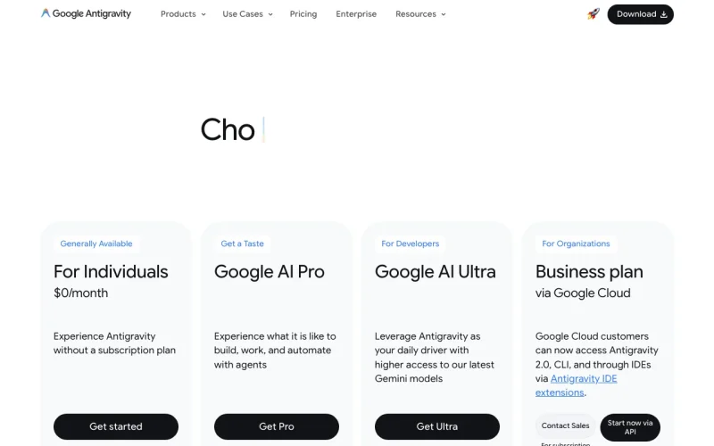 Capture d'écran de la page d'accueil de Google Antigravity, outil d'IA programmation