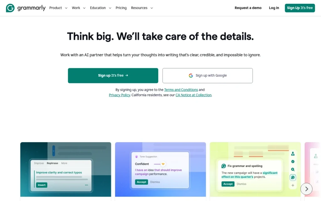 Grammarly Startseite, Screenshot, KI-Tool produktivität & schreiben