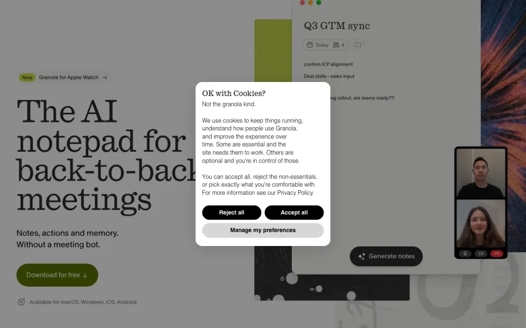 Granola homepage — screenshot of the productivity & writing AI tool, Oct 1, 2026