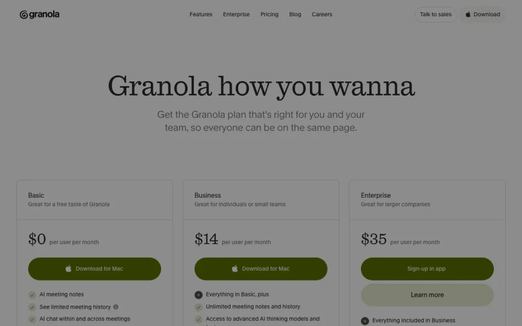 Granola pricing page with plans and prices — screenshot of the productivity & writing AI tool, Oct 1, 2026