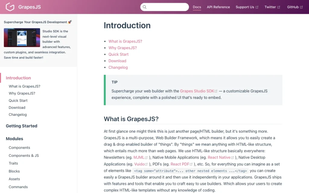 GrapesJS (Grapes Studio) documentation — capture d'écran de l'outil d'IA programmation, Oct 2, 2026