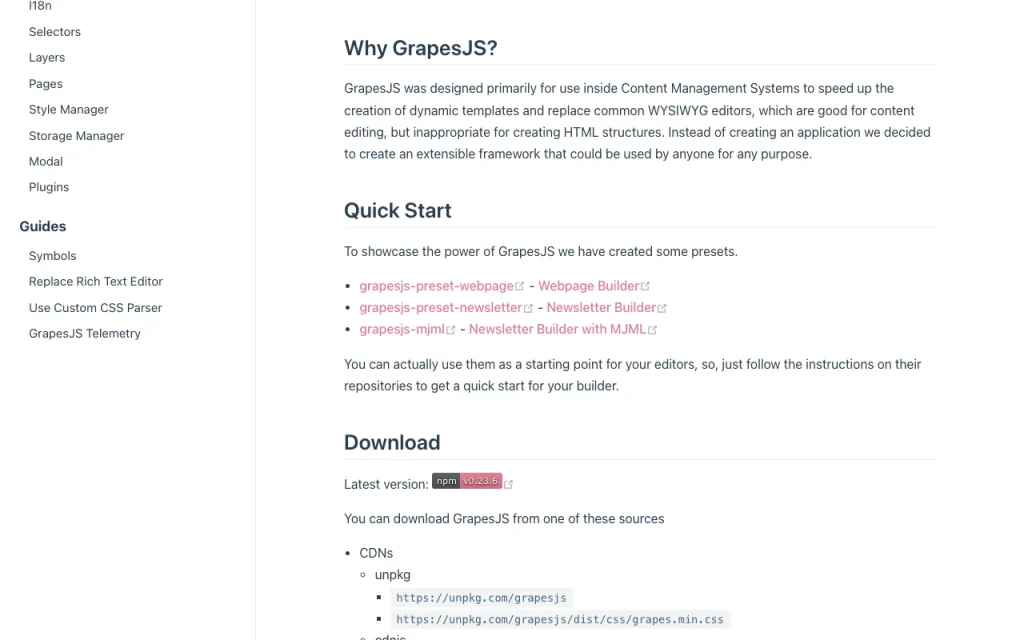 GrapesJS (Grapes Studio) documentation — capture d'écran de l'outil d'IA programmation, Oct 2, 2026