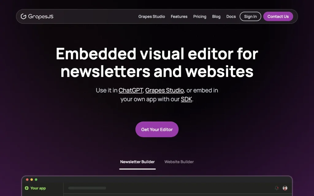GrapesJS (Grapes Studio) homepage — screenshot of the coding AI tool, Oct 2, 2026