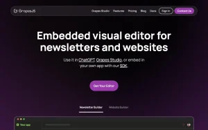 GrapesJS (Grapes Studio) homepage — screenshot of the coding AI tool, 2026-10-02