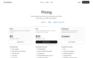 Guideless pricing page with plans and prices — screenshot of the productivity & writing AI tool, 2026-10-02