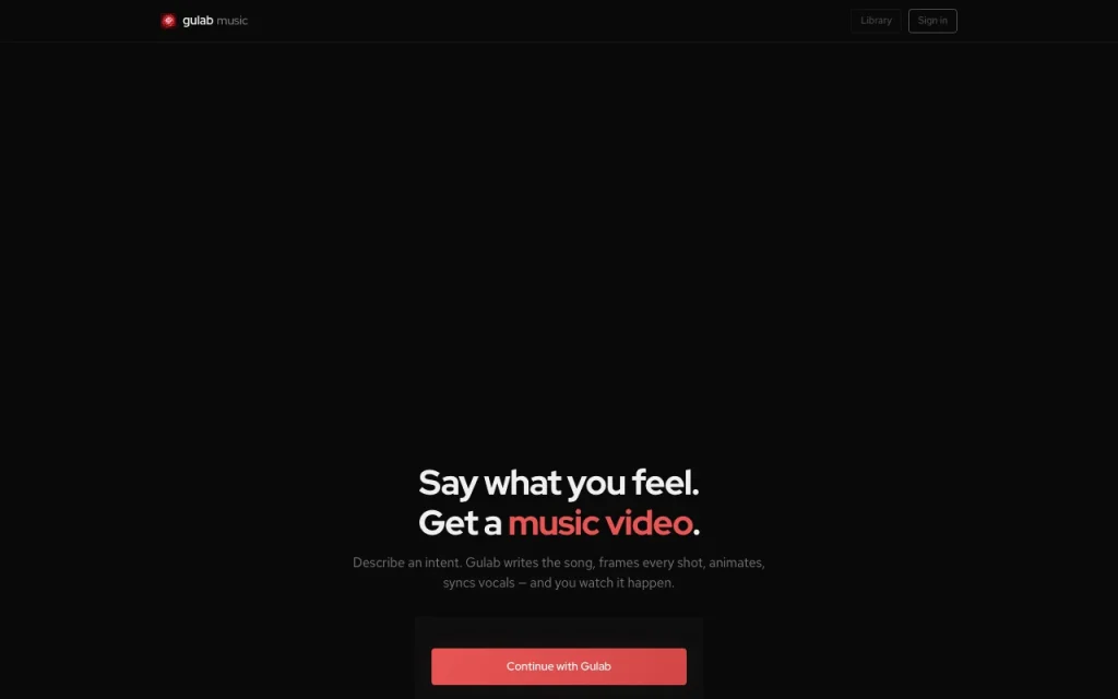 Gulab Music homepage screenshot, video AI tool