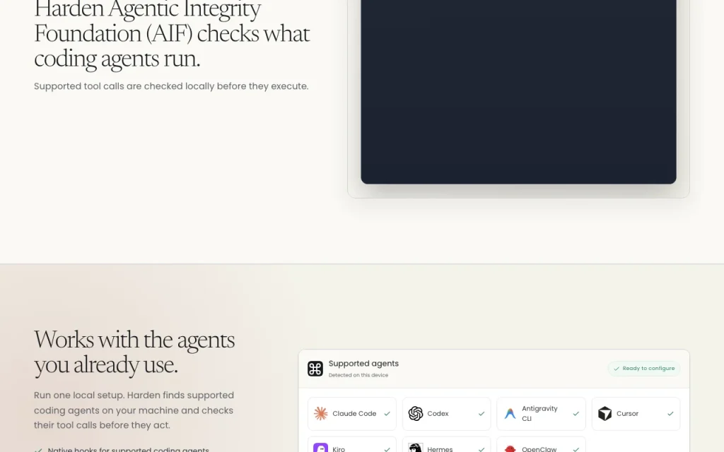 Harden AIF (Agentic Integrity Foundation) homepage — screenshot of the coding AI tool, Oct 2, 2026