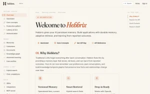 Hebbrix docs page homepage screenshot, coding AI tool
