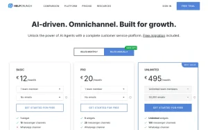 HelpCrunch pricing page homepage screenshot, productivity & writing AI tool