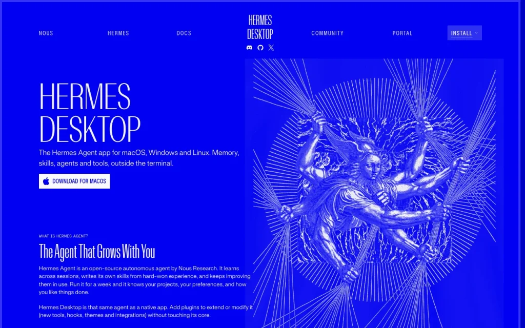 Hermes Desktop (Nous Research) Startseite – Screenshot des KI-Tools produktivität & schreiben, Oct 1, 2026