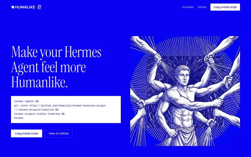 Captura de la página de inicio de Hermes Plugin by Humalike, herramienta de IA asistentes de chat