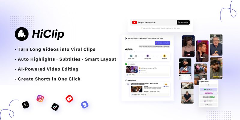 HiClip homepage screenshot, video AI tool