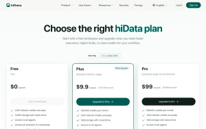 hiData pricing page homepage screenshot, productivity & writing AI tool