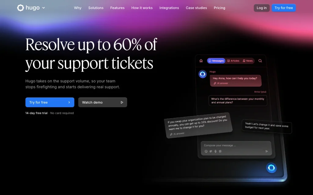 Hugo (by Crisp) homepage — screenshot of the productivity & writing AI tool, Oct 13, 2026