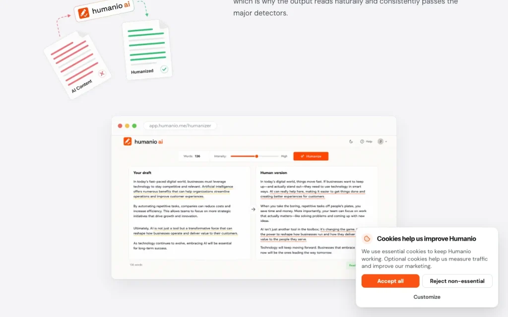 Humanio page d'accueil — capture d'écran de l'outil d'IA productivité et rédaction, Oct 1, 2026
