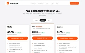 Humanio pricing page with plans and prices — screenshot of the productivity & writing AI tool, 2026-10-01