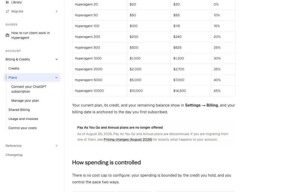 Hyperagent página de preços com planos e valores: captura de tela da ferramenta de IA produtividade & escrita, Oct 2, 2026