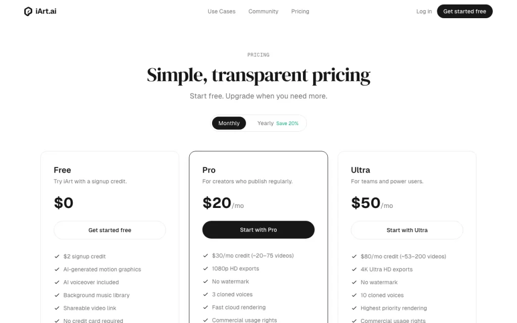 iArt.ai pricing page with plans and prices — screenshot of the video AI tool, Oct 1, 2026