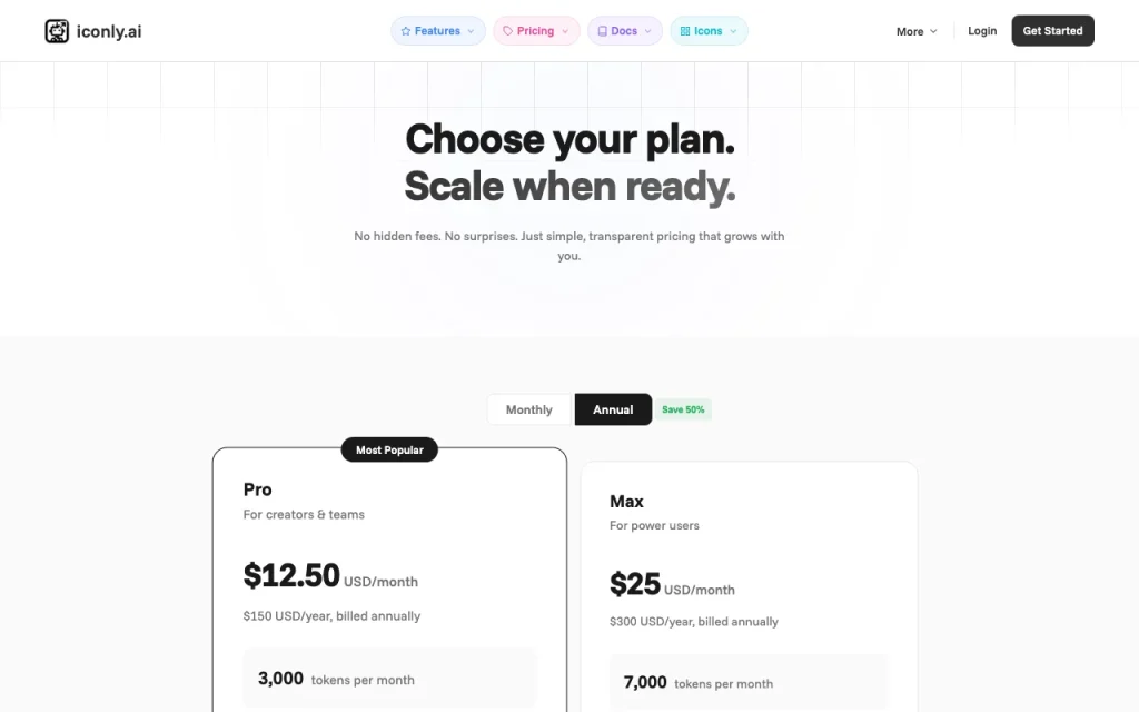 Iconly pricing page with plans and prices — screenshot of the image generation AI tool, Oct 2, 2026
