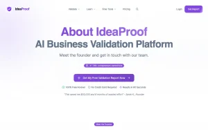 IdeaProof about page — screenshot of the productivity & writing AI tool, 2026-10-02