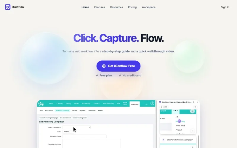 Capture d'écran de la page d'accueil de iGenflow, outil d'IA productivité et rédaction