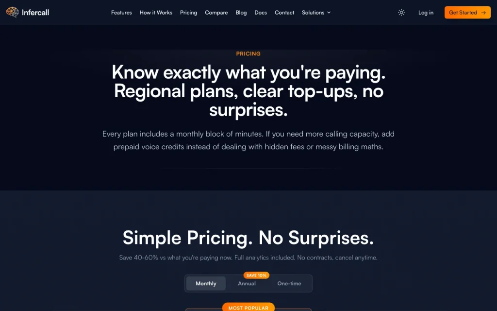 Infercall pricing page with plans and prices — screenshot of the audio & voice AI tool, Oct 2, 2026