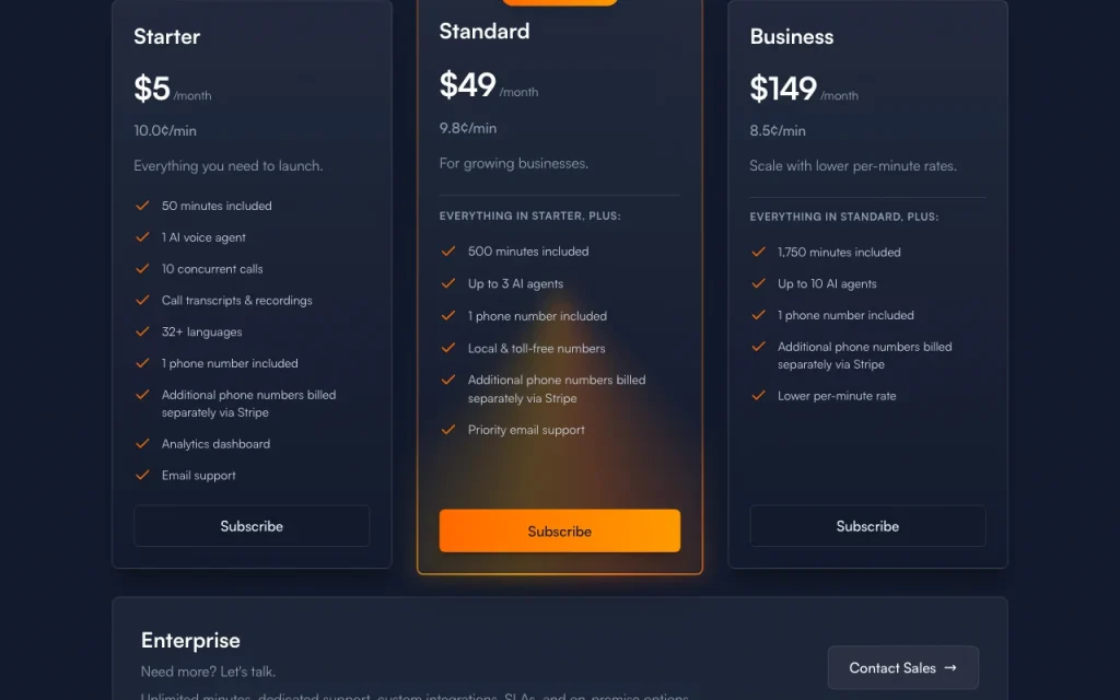 Infercall pricing page with plans and prices — screenshot of the audio & voice AI tool, Oct 2, 2026