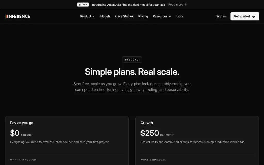 Inference.net pricing page with plans and prices — screenshot of the coding AI tool, Oct 1, 2026