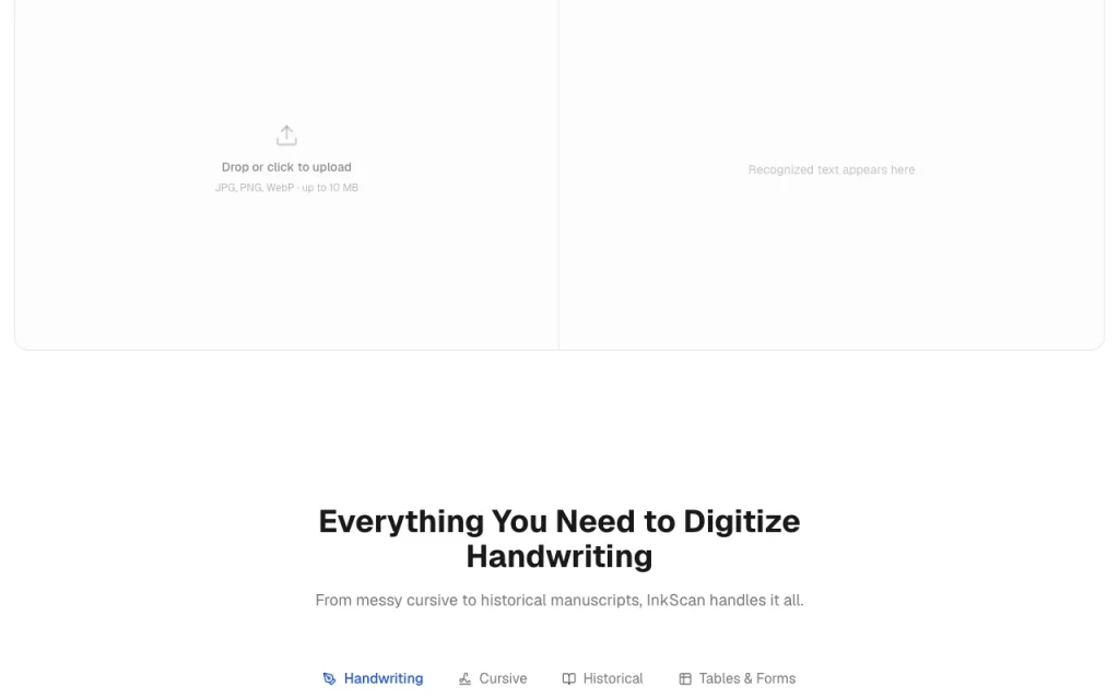 InkScan homepage — screenshot of the productivity & writing AI tool, Oct 1, 2026