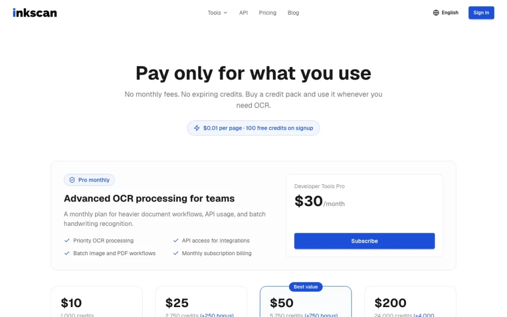 InkScan pricing page with plans and prices — screenshot of the productivity & writing AI tool, Oct 1, 2026
