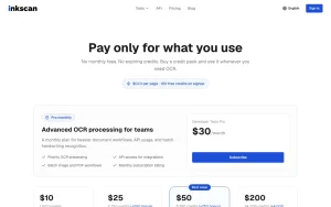 InkScan pricing page homepage screenshot, productivity & writing AI tool
