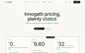 Innogath pricing page with plans and prices — screenshot of the research & search AI tool, 2026-10-02