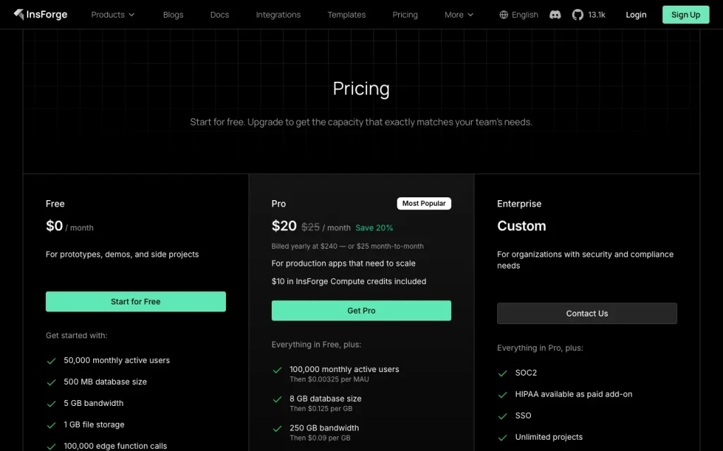 InsForge página de precios con planes y precios — captura de pantalla de la herramienta de IA programación, Oct 2, 2026