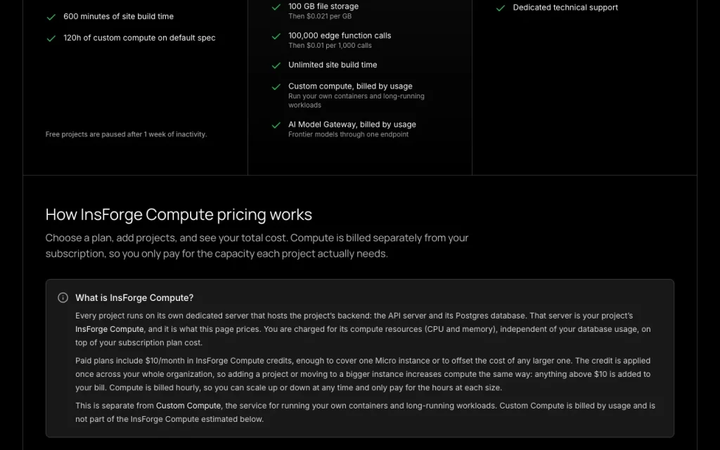 InsForge página de precios con planes y precios — captura de pantalla de la herramienta de IA programación, Oct 2, 2026