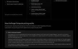 InsForge pricing page with plans and prices — screenshot of the coding AI tool, 2026-10-02