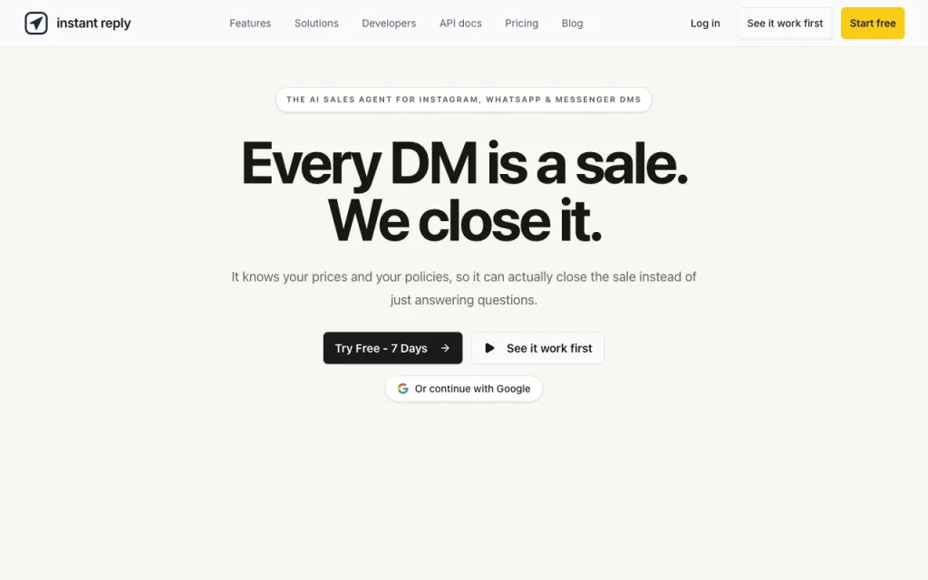 Instant Reply homepage — screenshot of the productivity & writing AI tool, Oct 1, 2026