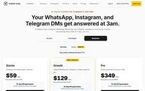 Instant Reply pricing page homepage screenshot, productivity & writing AI tool
