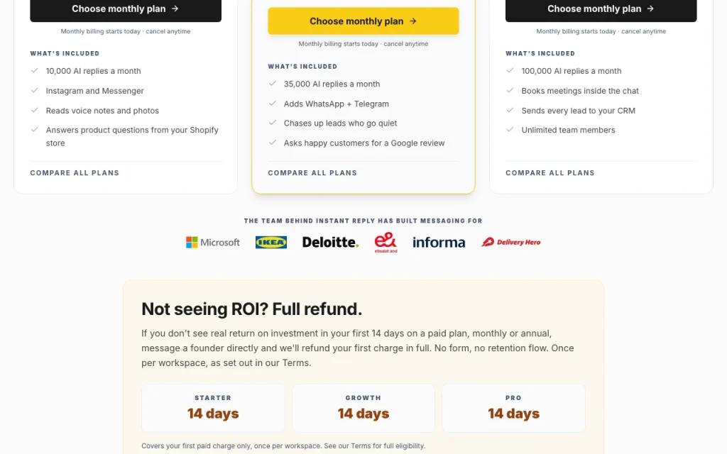 Instant Reply pricing page with plans and prices — screenshot of the productivity & writing AI tool, Oct 1, 2026