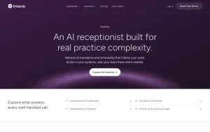 Intavia features page — screenshot of the productivity & writing AI tool, 2026-10-02