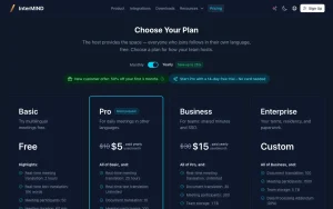 InterMIND pricing page with plans and prices — screenshot of the productivity & writing AI tool, 2026-10-01