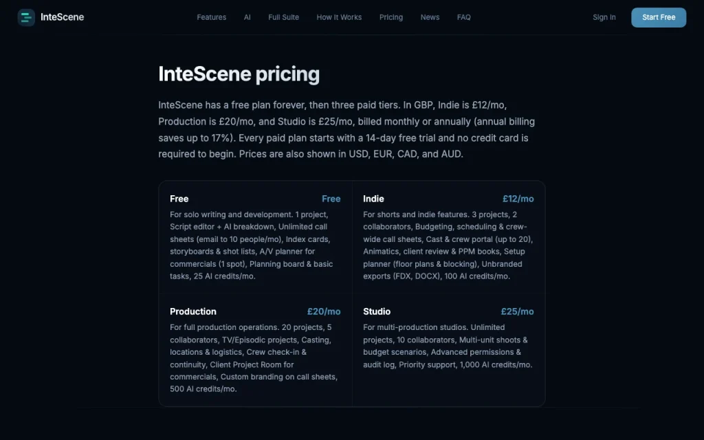 InteScene page de tarifs avec offres et prix — capture d'écran de l'outil d'IA productivité et rédaction, Oct 1, 2026
