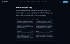 InteScene pricing page with plans and prices — screenshot of the productivity & writing AI tool, 2026-10-01